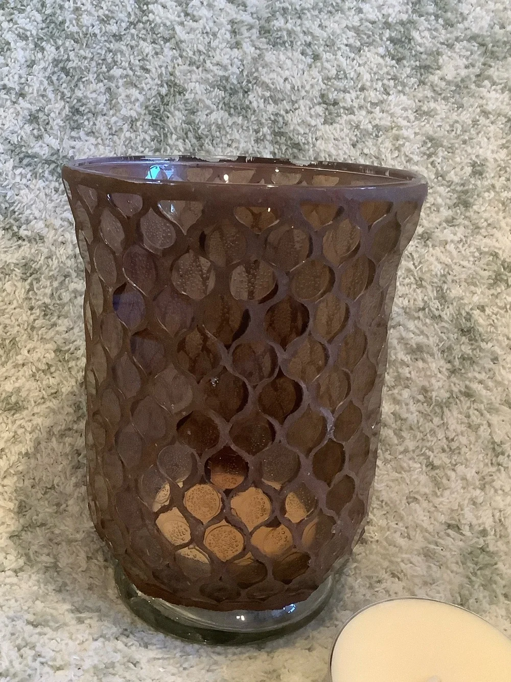 Brown Glass Moroccan Bohemian Romantic Candle Hurricane with 2 xl votives NWT
